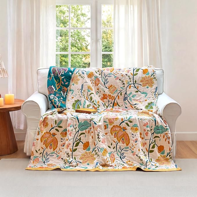 Boho Throw Blanket - 90"x108" 100% Cotton Ultra Soft Lightweight Blanket, 4-Layer Breathable Muslin Spring Blankets for Bed Couch, Reversible Green Floral Printed Bohemian Cotton Quilt