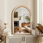 Arched Vanity Wall Mirror 36 x 24 Inch Beaded Wood Frame Boho Farmhouse Decorative Mirror for Bathroom Bedroom Entryway Living Room