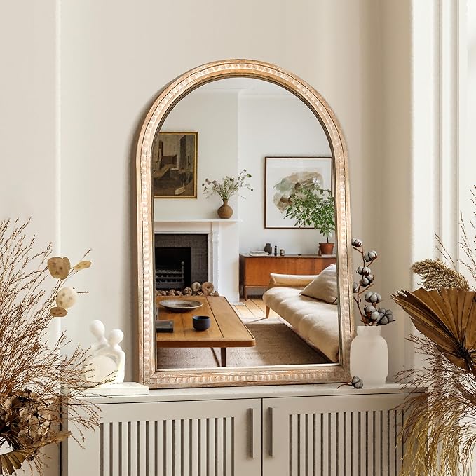 Arched Vanity Wall Mirror 36 x 24 Inch Beaded Wood Frame Boho Farmhouse Decorative Mirror for Bathroom Bedroom Entryway Living Room