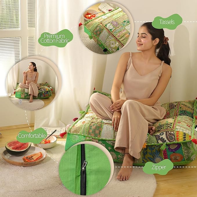 THE ART BOX Cotton Patchwork Vintage Boho Embroidered Floor Pillows & Cushion Cover Green Pouf Seating Pouf Meditation Pillow Pet Bedding Bed Boho Home Décor (35x35 Inches, Cover Only)