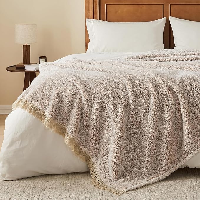 EMME Soft Sherpa Fleece Blanket with Tassel, Reversible Plush Fluffy Large Blanket, Light Weight Warm Decorative Boho Blanket Cover for Sofa, Couch, Bedroom,Travel(Tassel Khaki,60"x80")