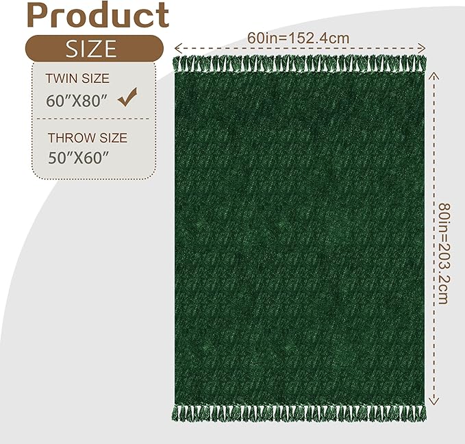 Chenille Throw Blanket for Couch with Tassels,60"X80" Soft Cozy Lightweight Knitted Boho Decorative Blankets for Bed and Sofa,Dark Green