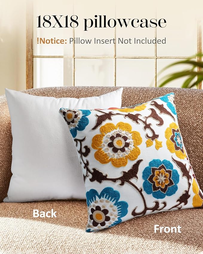 Embroidered Throw Pillow Cover - 18x18 Decorative Pillow Cover with Zipper Aesthetic Cute Design Boho Spring Summer Cozy Throw Pillowcase for Living Room Couch Sofa Bed, Floral