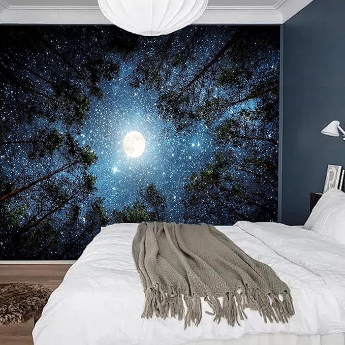 Extra Large Galaxy Forest Tapestry for Bedroom Ceiling, Big Space Night Starry Sky Blue Tapestry Aesthetic, Oversized Milky Way Moon Stars Backdrop Wall Hanging for Dorm Living Room Decor (71"X90")