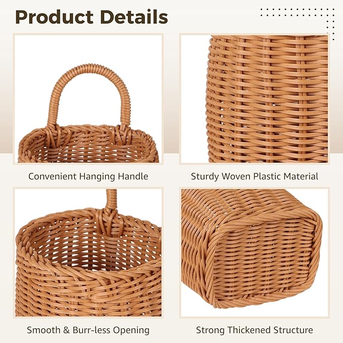 Hanging Wall Basket, Woven Imitation Rattan Storage Organizer, Decorative Door Basket, Plastic Kitchen Wicker Basket for Fruits, Vegetables, Flowers, Sundries