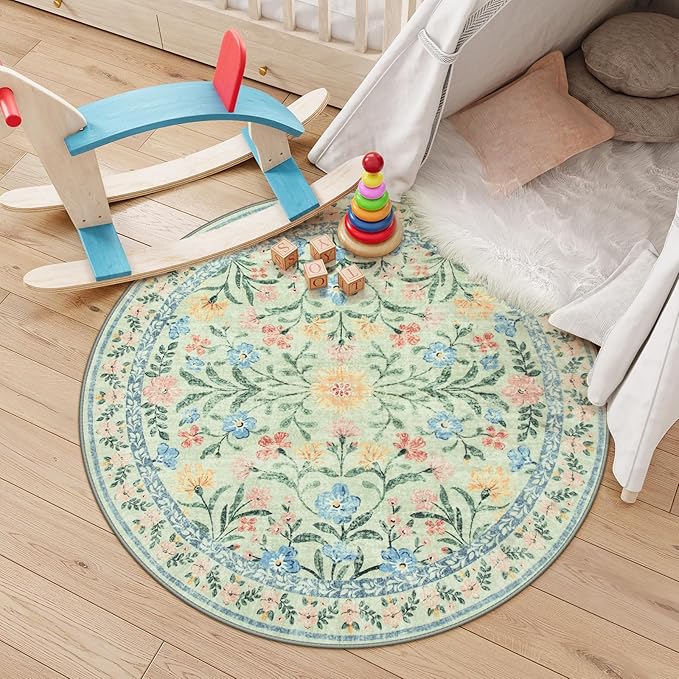 Lahome Sylvie Green Round Rug for Bedroom 4ft, Sage Washable Small Kids Bathroom Circle Rug, Boho Nursery Circular Carpet Girl, Soft Non-Slip Carpet for Kids Room Sunroom