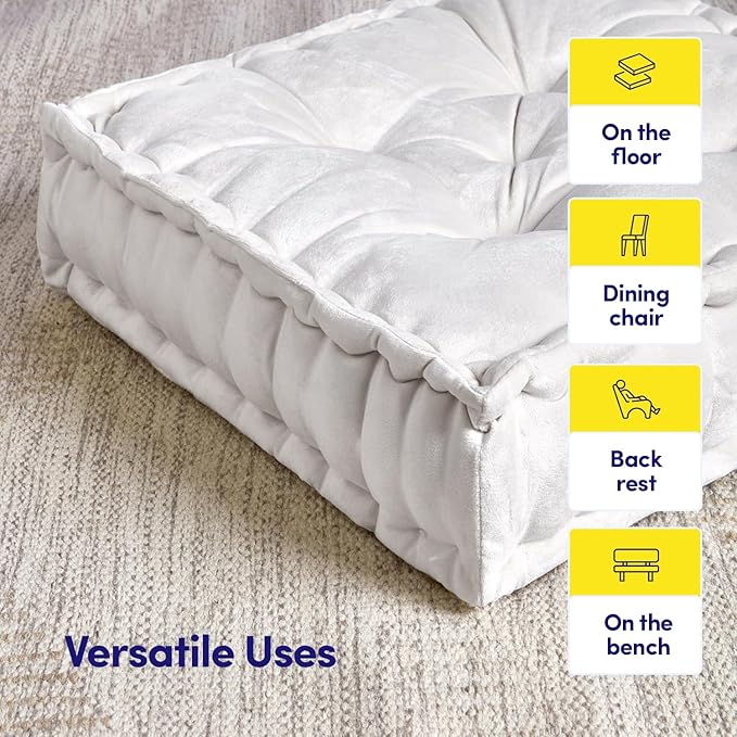 Floor Pillow Large Square Tufted Decorative Cushion 20" x 20" Faux Velvet Fabric Ultra Thick Fill for Kids and Adults, 2 Pack, Ivory