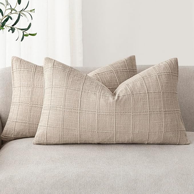 Foindtower Set of 2 Decorative Linen Check Throw Pillow Covers Neutral Farmhouse Lumbar Cushion Covers Modern Boho Home Decor for Sofa Chair Couch Bedroom Living Room,12×24 Inch,Natural Linen