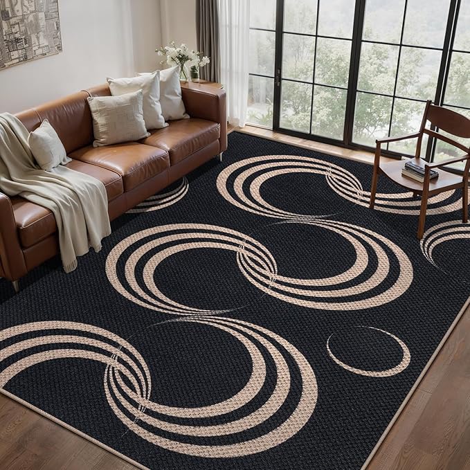 Tangsoo Easy Jute 5x7 Area Rug for Living Room,Black Thin Washable Rug Non Slip Rubber Backing Indoor Outdoor Carpet,Farmhouse Modern Throw Mat for Office Balcony Backyard Patio