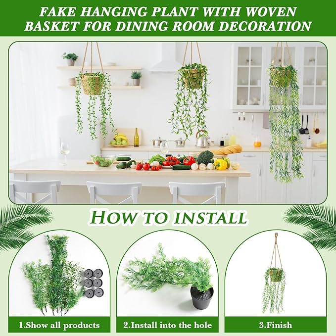 6 Set Mini Fake Hanging Plants with Woven Basket Boho Artificial Ivy Faux Vines Eucalyptus Leaf for Indoor Home Wall Living Room Bathroom Shelf Decor (Eucalyptus Leaf)