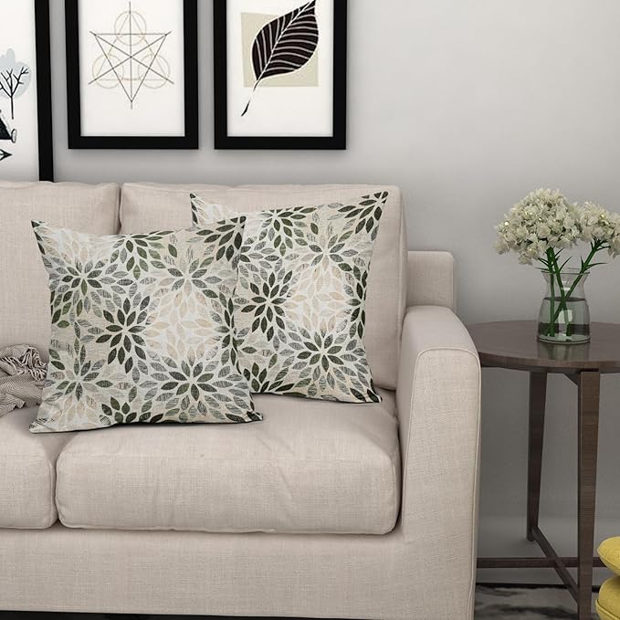 Olive Green Dahlia Throw Pillow Covers 24x24 Inch Rustic Geometric Flower Decorative Square Pillow Cases Beige Tan Gray Floral Cushion Covers Farmhouse Home Decor For Sofa Couch Outdoor Set of 2