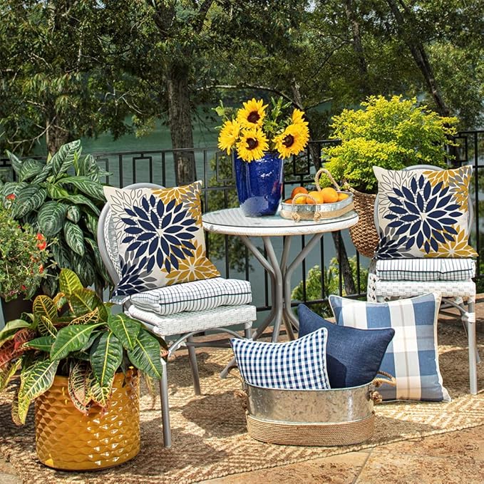 DFXSZ Blue Yellow Flower Pillow Covers 18x18 Inch Set of 2 Outdoor Throw Pillows Outdoor Waterproof Decor for Living Room Sofa Patio Funiture Garden Floral Polyester Pillow Covers 002Z18