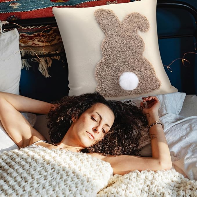Tufting Easter Pillow Covers 18" x 18" Set of 2 Bunny Pillow Covers 3D Tufted Bunny Rabbit Throw Pillowcase Easter Decorative for Bedroom Sofa Home Decor(Beige,Linen)