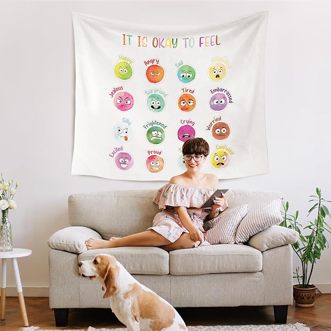 WARDOS Feelings Emotions Chart For Kids Tapestry,Mental Health wall art kids Bedroom Therapist Counselor Calming Office Classroom, 50x60 Inch