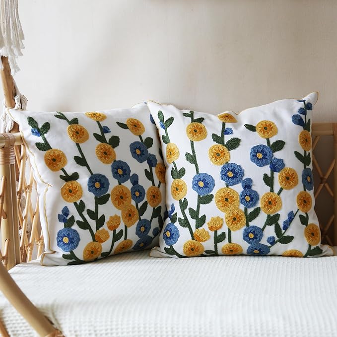 Embroidered Throw Pillow Cover, Linen Decorative Flowers Pillow Covers with Zipper for Couch Sofa Bed Living Bedroom, Pack of 2 Square Floral Pillowcase Covers with Patterned 18x18 Inch