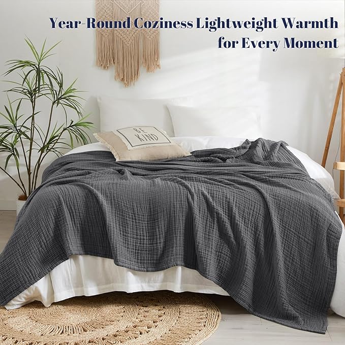 PHF 100% Cotton Muslin Blanket King Size 108"x90", 4-Layer Lightweight Gauze Throw, Breathable Cloud-Soft Minimalist Blanket for Bed, Couch, Camping & Baby, Greyish Black, Ideal Gift