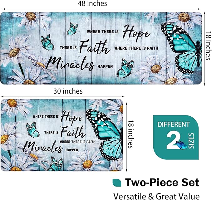 Likiyol Butterfly Floral Kitchen Rugs 2 Piece Farmhouse Kitchen Mats Cushioned Anti Fatigue, Non Slip Washable Kitchen Mats for Floor White Daisy Kitchen Floor Comfort Mats, 18'' x 30'' + 18'' x 48''