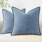 decorUhome Chenille Soft Cozy Throw Pillow Covers 22x22 Set of 2, Modern Farmhouse Boho Velvet Decorative Euro Sham Pillow Cases with Stitched Edge for Couch Sofa Bed Home Decor, Blue