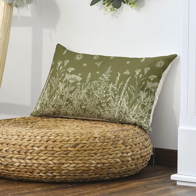 AVOIN colorlife Wildflowers Spring Antique Herbs Green Throw Pillow Cover, 12 x 20 Inch Flower Cushion Case Decoration for Sofa Couch