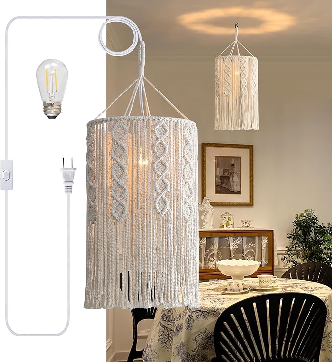 Bioaqua Boho Lamp Shade,Boho Hanging Lamp Handmade Macrame Lamp Shade Plug in Pendant Light,Bohemian Hanging Lights with Plug in Cord Light Fixtures for Boho Bedroom Decor Living Room (Type5)