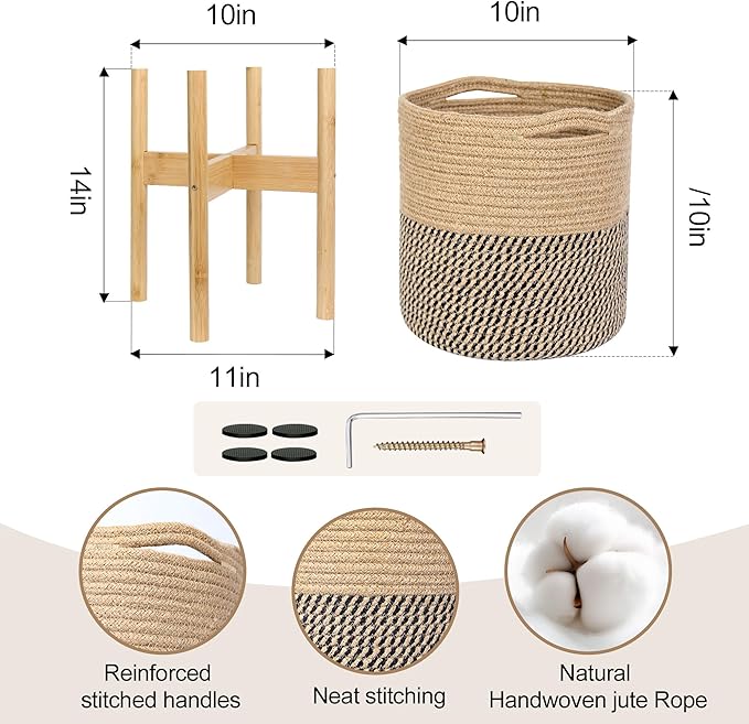 Plant Basket with Stand, Indoor Round Wicker Basket Plant with Bamboo Wood Stand, Decorative Woven Rope Flower Indoor Planter with Legs, Boho Bamboo Wood Planter Holder (Jute Black Stripes)