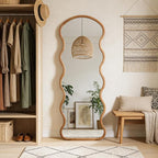 WallBeyond 24"x65" Full Length Wood Arched Mirror, Natural Wood Boho Accent Mirror with Wavy Design, Decorative Floor or Wall Mounted Mirror for Bedroom