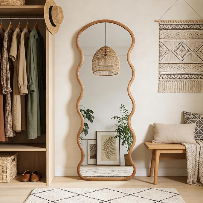 WallBeyond 24"x65" Full Length Wood Arched Mirror, Natural Wood Boho Accent Mirror with Wavy Design, Decorative Floor or Wall Mounted Mirror for Bedroom