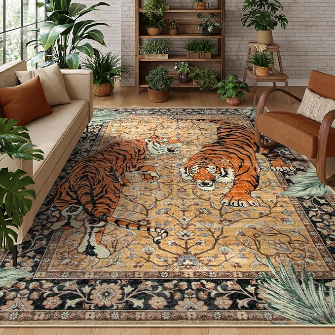 Moynesa Tiger 9x12 Rug, Boho Washable 9 x 12 Area Rugs for Living Room, Vintage Soft Large Dining Room Rug, Non Slip Ultra Thin Floor Carpet for Bedroom Guest Room Office, Camel