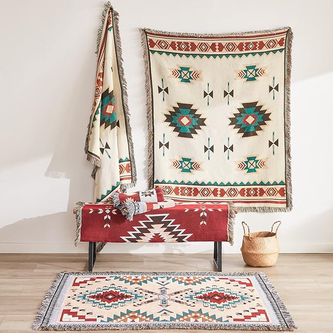 Touchat Native American Blanket Boho Throw Blanket for Sofa and Bed, Mexican Decorative Farmhouse Blanket, Southwest Decor Woven Blankets, Aztec Throw Blankets Bohemian with Tassel(Brown,50×60 inch)