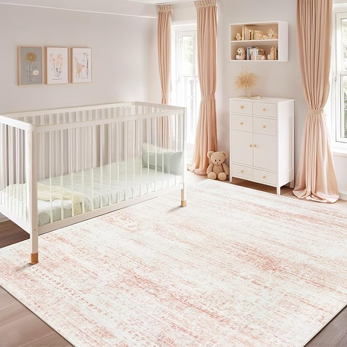Washable Rugs 8x10 Area Rugs for Living Room,Rugs for Bedroom,Large Carpets,Ultra Soft Faux Wool Retro Dining Room Rug,Non Slip&Non-Shedding Low Pile Vintage Print Rug for Home Office-Pink White