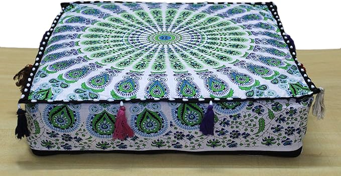 ICC Large Square Cotton Mandala Cushion Cover Hippie Ottoman Pouf Cover Daybed Floor Pillow Cover with Heavy Duty Zipper Seating Ottoman Poufs Dog-Pets Bed (Green Peacock, 18" Square)