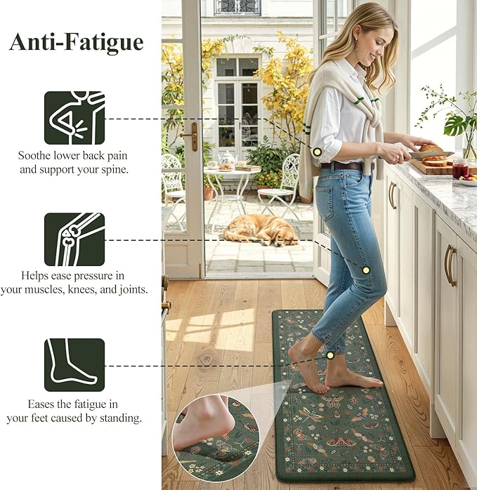 LEEVAN Anti Fatigue Mats for Kitchen Floor Non-Slip, Cushioned Kitchen Mats for Floor 17.3''x29''+17.3''x59'', Green Memory Foam Kitchen Mat Set