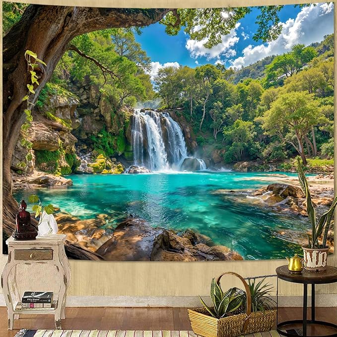 Zussun Nature Forest Tree Tapestry Flowing Waterfall Green Jungle Tapestry for Bedroom Aesthetic Teal Lake Landscape Small Tapestries Wall Hanging for Dorm Living Room Decor 60 x 44 Inch