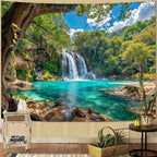 Zussun Nature Forest Tree Tapestry Flowing Waterfall Green Jungle Tapestry for Bedroom Aesthetic Teal Lake Landscape Small Tapestries Wall Hanging for Dorm Living Room Decor 60 x 44 Inch