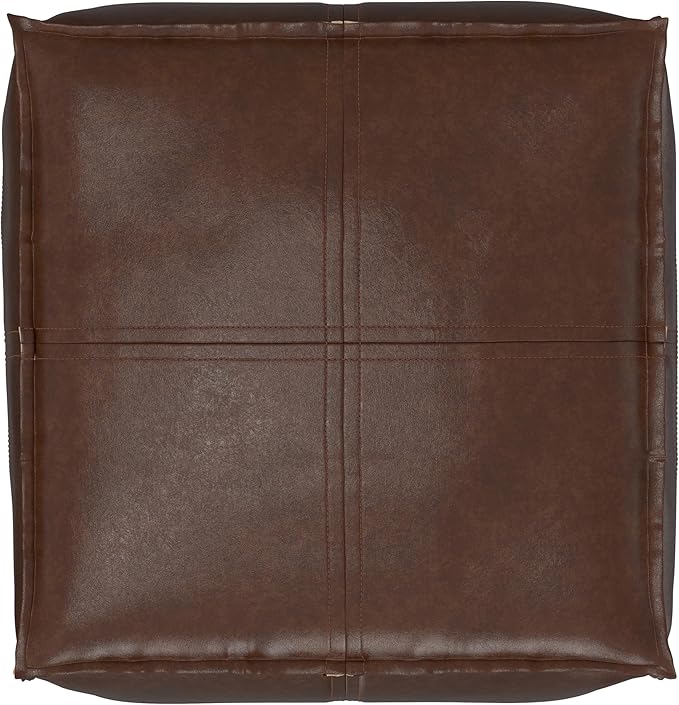 SIMPLIHOME Brody Square Pouf - 18 inch Wide Upholstered Vegan Leather Ottoman in Distressed Dark Brown, Boho Footstool, Coffee Table or Extra Seating for Living Room or Bedroom, Assembled