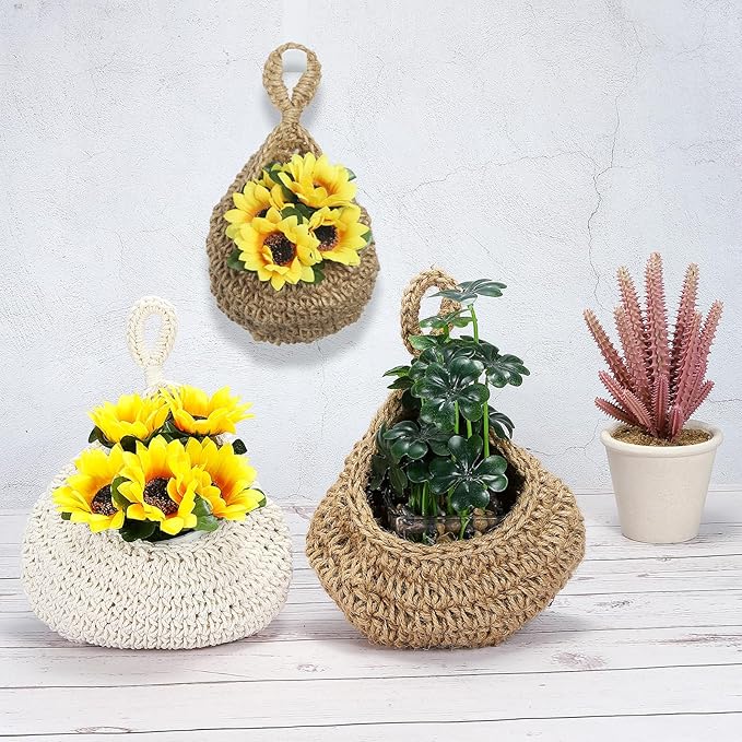 PATIKIL Hanging Fruit Baskets for Kitchen, Mini Size Teardrop Home Decor Storage Hand-Woven Wall Hanging Basket for Garlic Potato Vegetable, Beige
