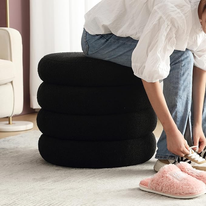 Boucle Ottoman with Storage Black, Small Round Footrest Stool with Removable Lid, Upholstered Sherpa Vanity Chair for Bedroom Entryway