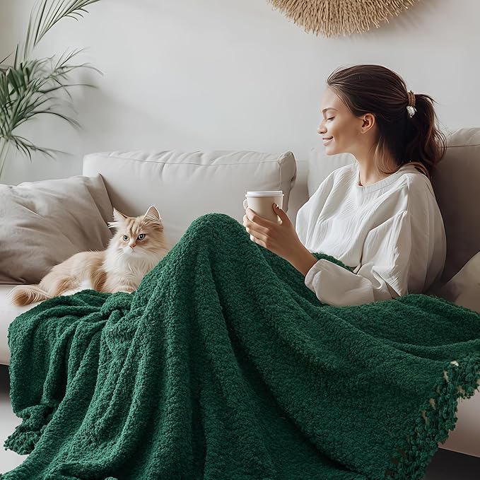 Throw Blanket for Couch, Dark Green Luxury Knitted Throws 50"x60", Textured Blankets with Handmade Fringe Tassels for Bed Sofa Decorative, Chunky Soft Farmhouse Boho Home Decor