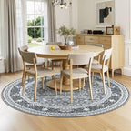Lessymo 4FT Washable Round Area Rugs for Living Room, Non Slip Circle Rugs Low Pile Vintage Carpet for Bedroom, Dining Room, Nursery, Home Office, Grey White