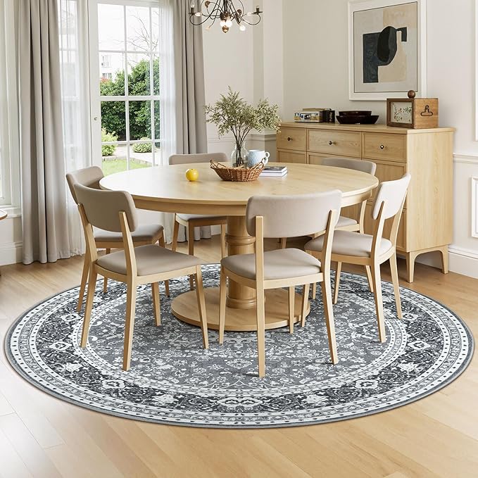 Lessymo 6FT Washable Round Area Rugs for Living Room, Non Slip Circle Rugs Low Pile Vintage Carpet for Bedroom, Dining Room, Nursery, Home Office, Grey White