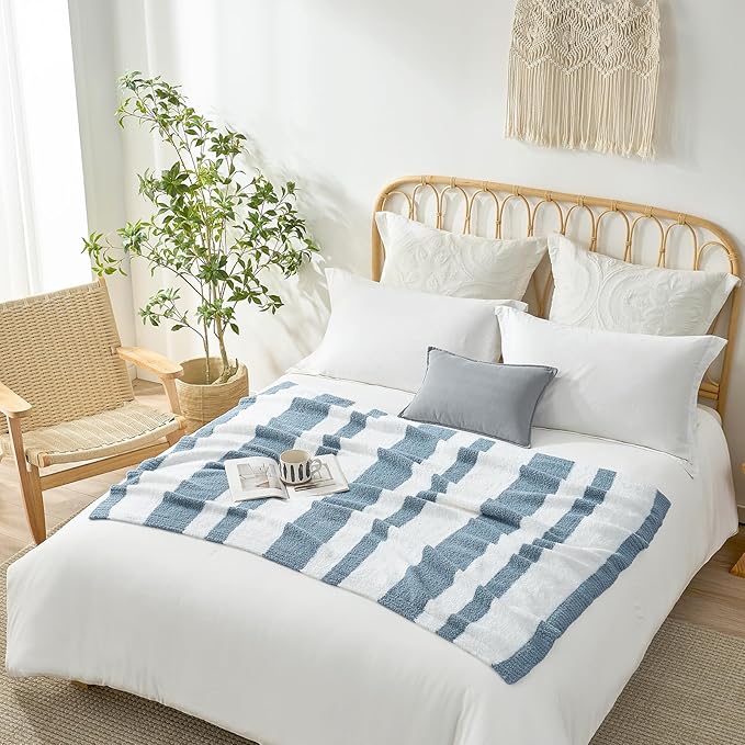 Snuggle Sac Blue Striped Throw Blanket, 50x60 Soft Reversible Fuzzy Knit Throw for Couch, Sofa, Bed, Travel, Cozy Plush Microfiber Blanket for Women & Gift Giving