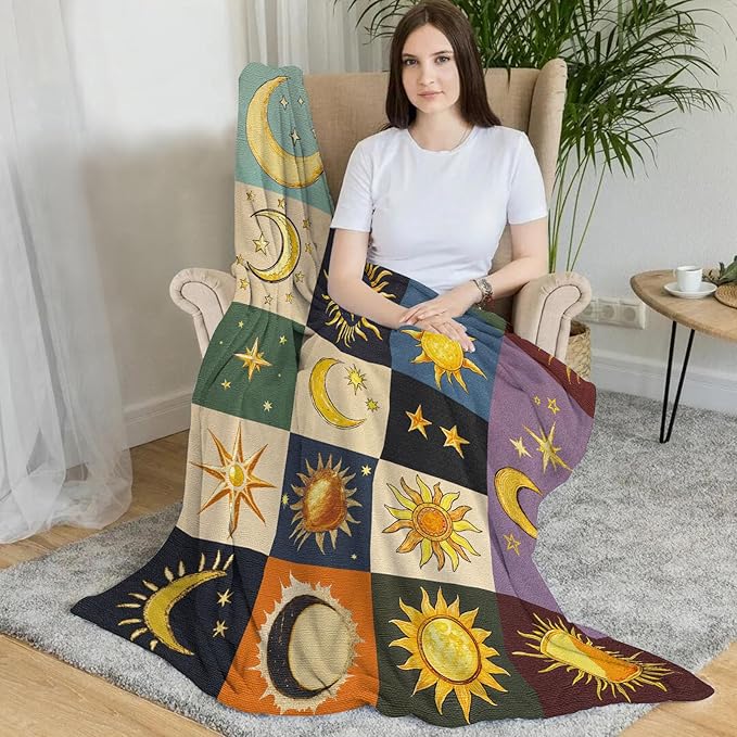Sun and Moon Throw Blanket, Bohemian Soft Cozy and Warm Couch Blankets Gift for Sun and Moon Lover, Decorative Blankets for Sofa Couch Bed, Dark Brown 50×60 inches