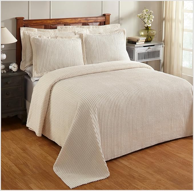Better Trends Chenille Bedspreads Full/Double Size, Ivory 100% Cotton Chenille Stripe Design Tufted Bedding Coverlet Soft Lightweight, 81"x110" 1 Pieces Jullian Collection