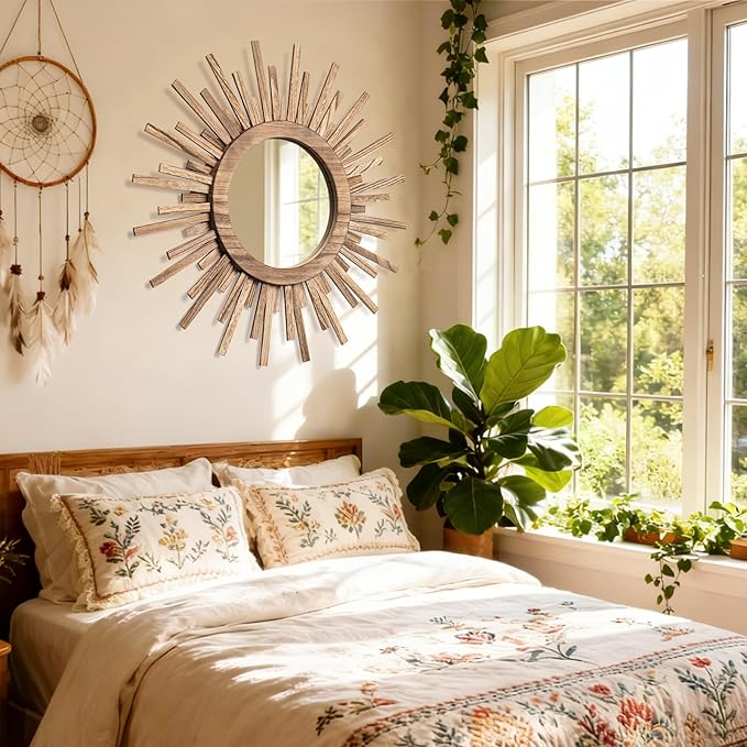 24 Inch Boho Sunburst Mirror, Round Wooden Wall Decor Starburst Sun Mirror for Bedroom, Living Room, Bathroom, Hallway, Balcony, Farmhouse Entryway, Housewarming Gift