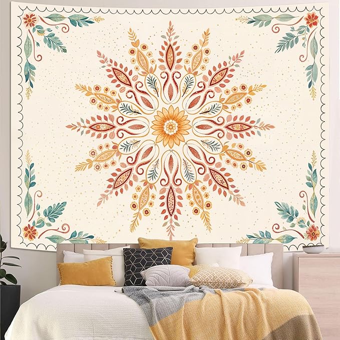 Accnicc Boho Floral Mandala Tapestry for Bedroom Bohemian Flower Wall Tapestry Aesthetic Large Watercolor Yellow Beige Hippie Indian Tapestries Wall Hanging for Living Room Dorm Decor 80 x 60 Inch
