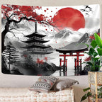 GOAOK Japanese Anime Tapestry, Cool Japan Cherry Blossom Floral Mountain Sun Asian Oriental Abstract Art Tapestry Wall Hanging for Men, Red and Black Large Tapestries Aesthetic for Living Room, 80x60