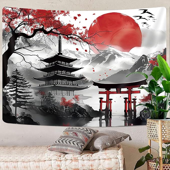 Japanese Anime Tapestry, Cool Japan Cherry Blossom Floral Mountain Sun Asian Oriental Abstract Art Tapestry Wall Hanging for Men, Red and Black Tapestries Aesthetic for Living Room College, 60x40