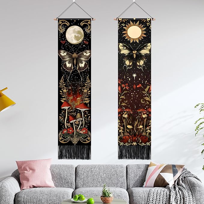 AOHMPT Pack of 2 Long Vertical Tapestry,Nature Landscape Tapestry with Serene Mountain River, Moon & Sun Motifs,Traditional Ink Painting Wall Art , Zen Aesthetic Wall Hanging for Living Room Bedroom Decor 13" W x 51" H"