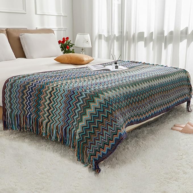 Bohemian Boho Throw Blankets, Knitted with Tassel, Outdoor Reversible Soft Cozy Lightweight Throw Blankets, Couch Bed Sofa Decorative Afghan Throw Blanket All Seasons Blue 50x60 inches