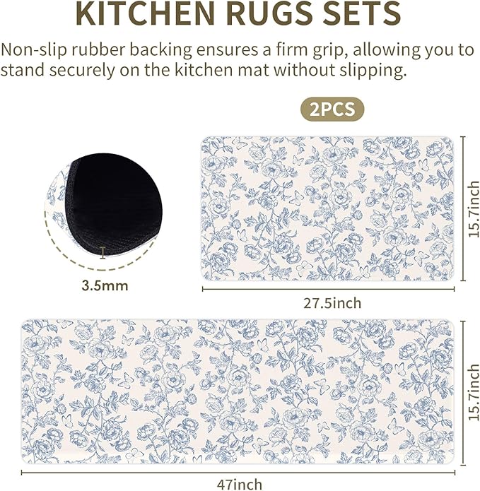 Flower Rugs for Kitchen Floor, 2PCS Anti Fatigue Mats for Kitchen Floor Rubber Non Slip, Washable Cushioned Carpet Rug for Sink Laundry Gifts for Christmas 15.7"×27.5" +15.7"×47" 3.5mm BlueFloral